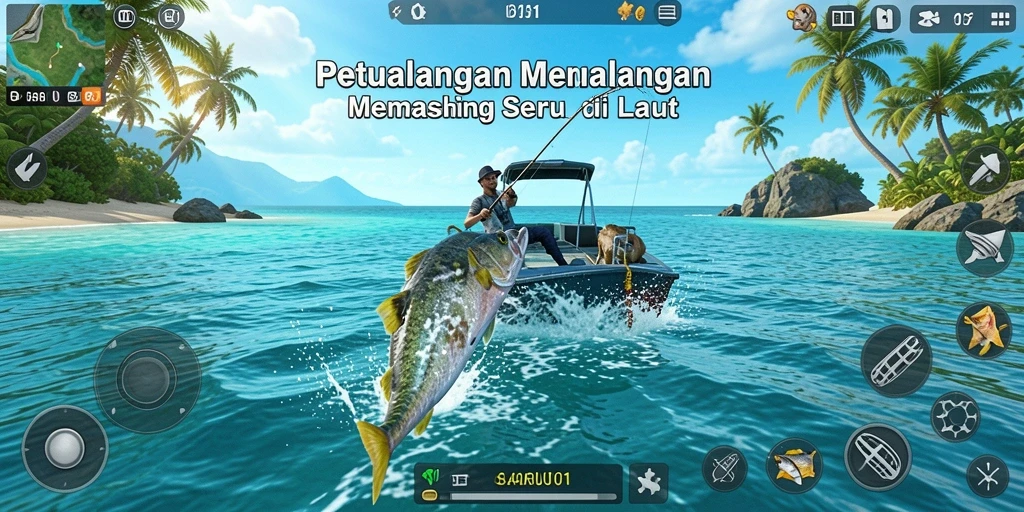 Screenshot menunjukkan gameplay memancing yang mendebarkan di laut.