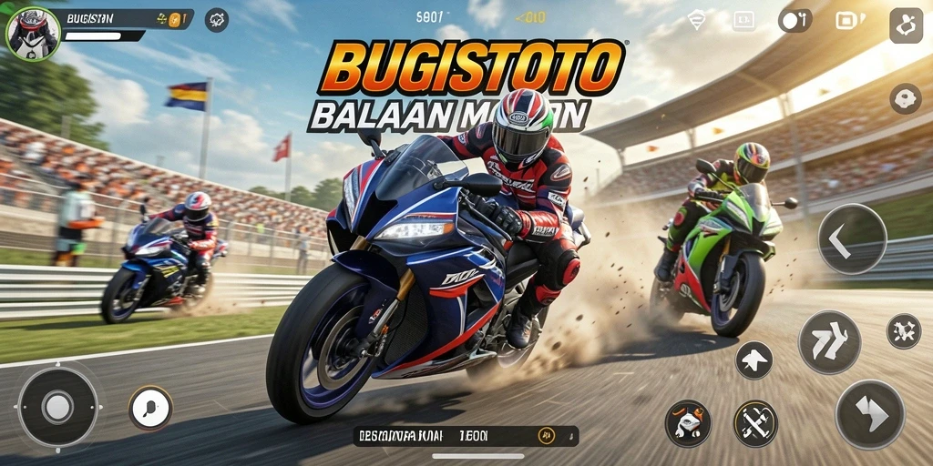 Gameplay seru di lintasan balap BUGISTOTO dengan motor kustomisasi.