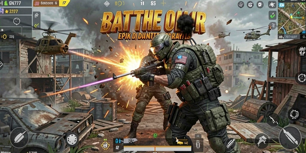 Tampilan gameplay seru dari GN777 dengan pertempuran intens Battle Royale.
