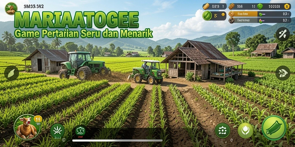 Screenshot gameplay MARIATOGEL dengan pemandangan kebun yang menawan.