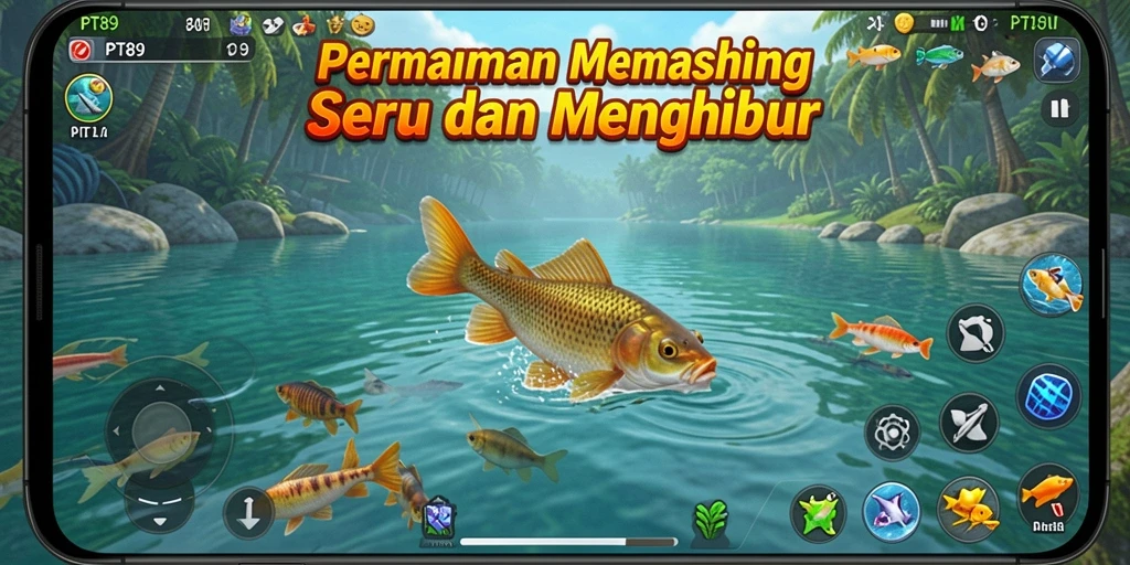 Screenshot PT89 menunjukkan aksi memancing yang menegangkan dan penuh warna.