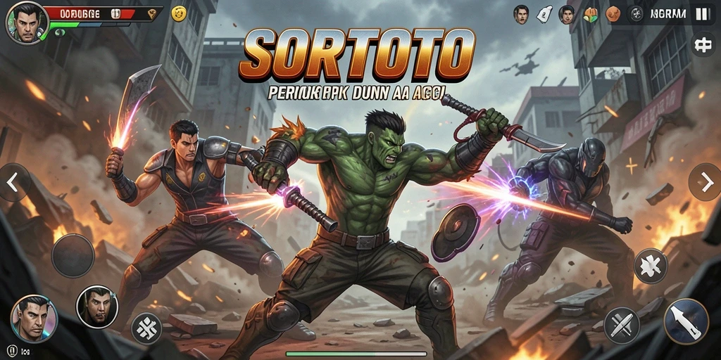 Screenshot SORTOTO menampilkan pertempuran intens dan grafis menawan.