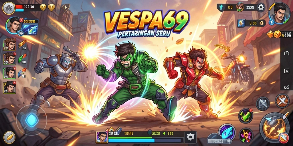 Screenshot utama VESPA69 menunjukkan karakter bertarung dalam arena yang dinamis.